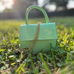 cyan bag with gold chain